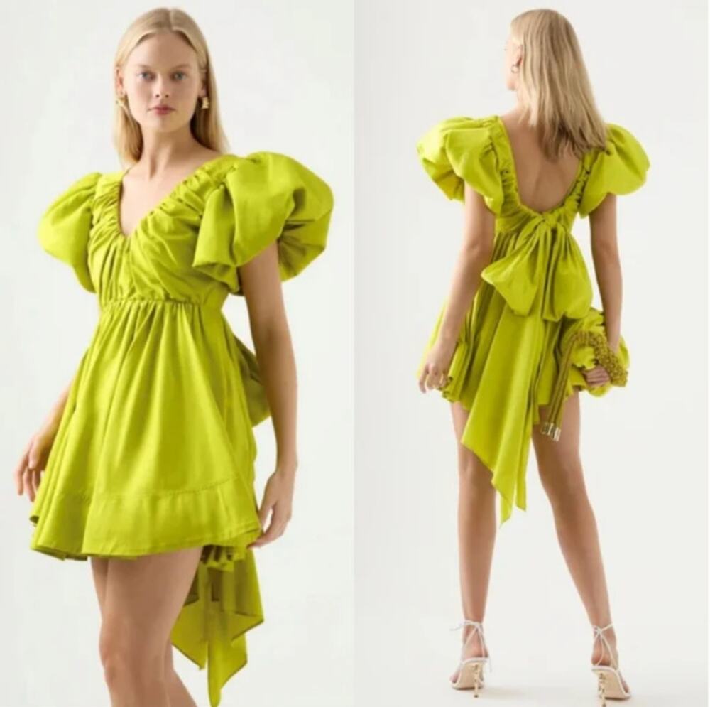 AJE Gretta Bow Back Mini Dress In Chartreuse Green Womens Size 4 us New